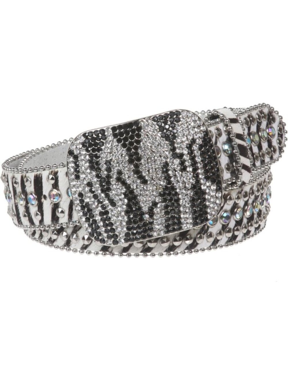 Stylish Animal Print Genuine Leather Studded Belt with Sparkling Crystal Buckle